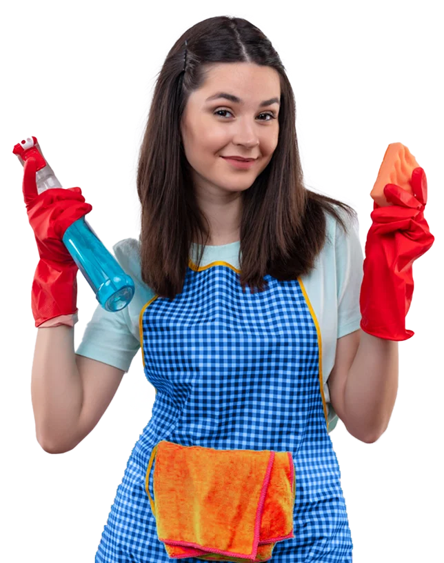 Professional cleaning lady with cleaning supplies
